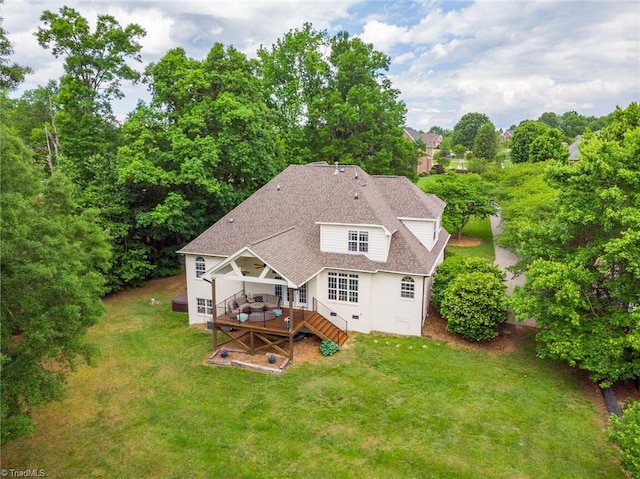612 Wigeon Dr, Greensboro, NC 27455 - back of house with a shingled roof, a wooden deck, a lawn, and stairway