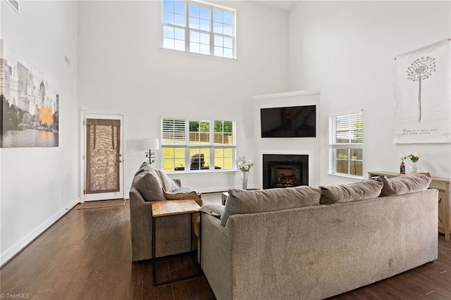 4 Harvest Oak Ct, Greensboro, NC 27406 - living area featuring a high ceiling, dark wood-style flooring, healthy amount of natural light, a fireplace, and baseboards
