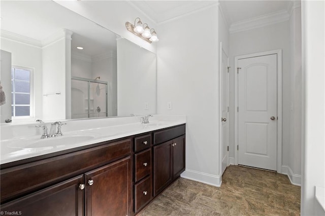 4 Harvest Oak Ct, Greensboro, NC 27406 - bathroom featuring a stall shower, ornamental molding, double vanity, and baseboards