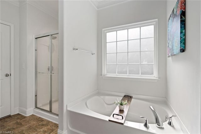 4 Harvest Oak Ct, Greensboro, NC 27406 - bathroom with a stall shower, a garden tub, and ornamental molding
