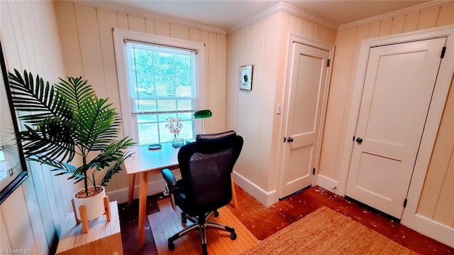 office featuring dark hardwood / wood-style flooring and crown molding