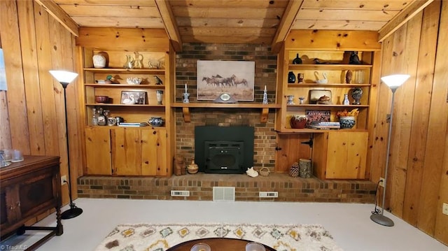 living room with a wood stove, wood walls, and wood ceiling