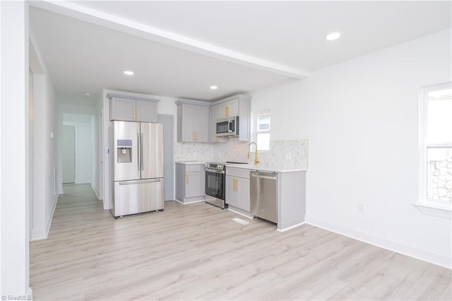 kitchen with appliances with stainless steel finishes, gray cabinets, decorative backsplash, and light wood-type flooring