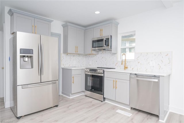 kitchen featuring sink, gray cabinets, appliances with stainless steel finishes, tasteful backsplash, and light wood-type flooring