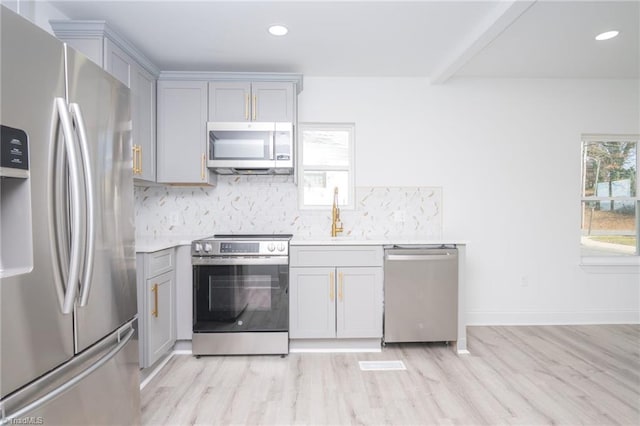 kitchen with tasteful backsplash, appliances with stainless steel finishes, gray cabinets, and sink