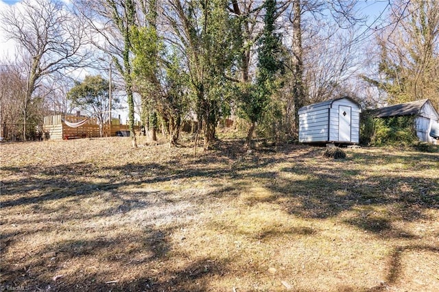 view of yard featuring a storage unit