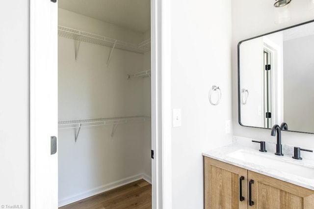 bathroom with a walk in closet, vanity, and wood finished floors