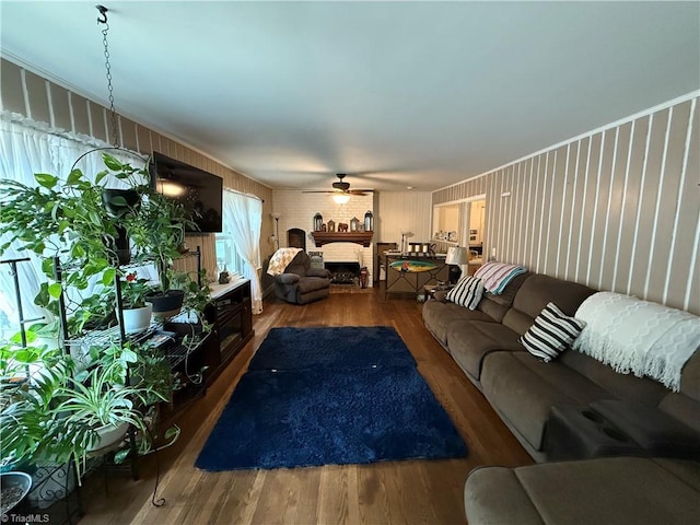 2800 Loch Dr, Winston-Salem, NC 27106 - living area with ceiling fan, a brick fireplace, and wood finished floors