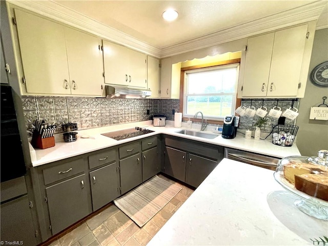 kitchen featuring sink, black electric stovetop, backsplash, and ornamental molding