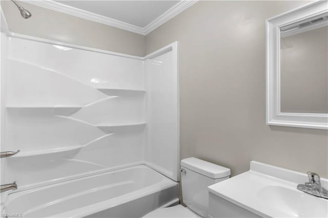 full bathroom featuring vanity, shower / bathing tub combination, crown molding, and toilet