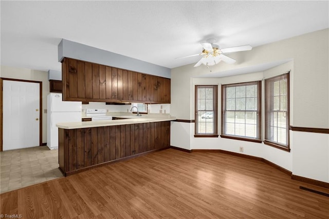 kitchen featuring kitchen peninsula, white appliances, ceiling fan, sink, and light hardwood / wood-style flooring