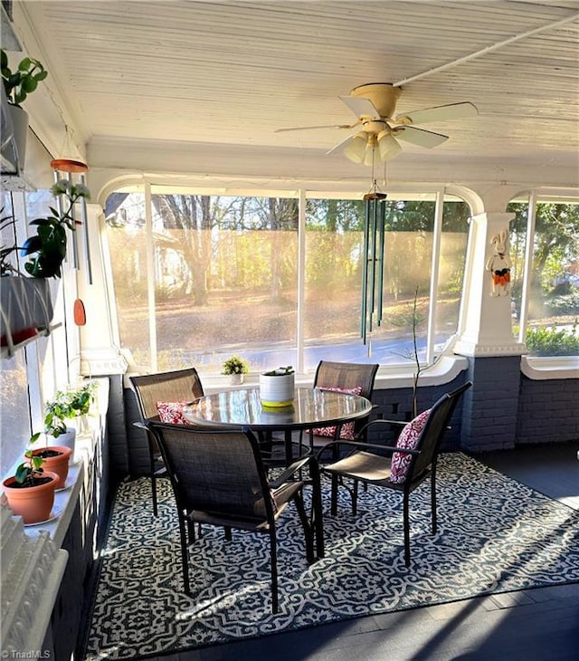 sunroom / solarium with wooden ceiling and a ceiling fan