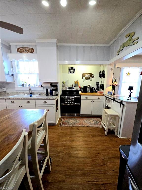 kitchen featuring ornamental molding, dark wood-type flooring, a sink, and electric range