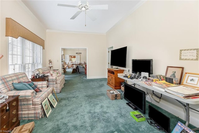 2000 Williamsburg Manor Ct, Winston-Salem, NC 27103 - living room with crown molding, carpet flooring, ceiling fan, and an office area