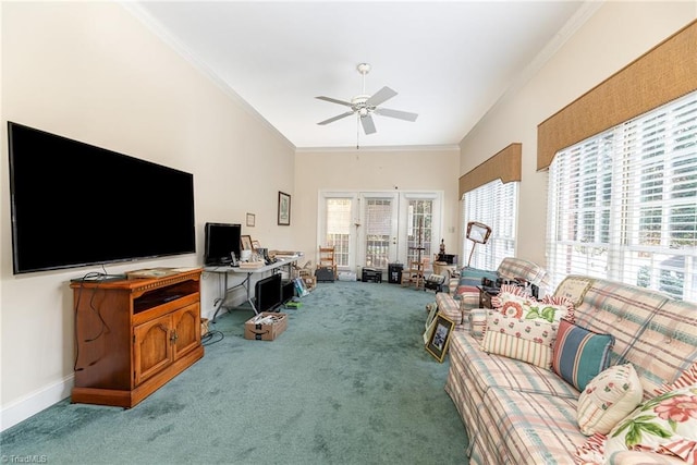 2000 Williamsburg Manor Ct, Winston-Salem, NC 27103 - living room with light carpet, an office area, ornamental molding, and a ceiling fan