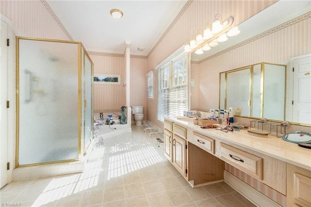 2000 Williamsburg Manor Ct, Winston-Salem, NC 27103 - bathroom featuring wallpapered walls, a shower stall, vanity, crown molding, and tile patterned flooring