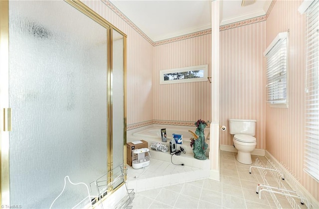 2000 Williamsburg Manor Ct, Winston-Salem, NC 27103 - bathroom featuring a shower stall, a bath, tile patterned flooring, crown molding, and wallpapered walls