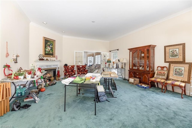 2000 Williamsburg Manor Ct, Winston-Salem, NC 27103 - living room with carpet floors, ornamental molding, and a fireplace