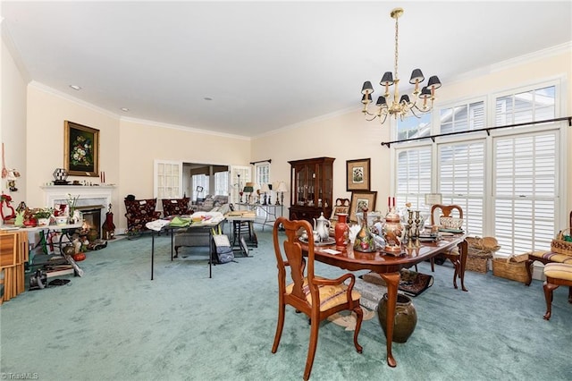 2000 Williamsburg Manor Ct, Winston-Salem, NC 27103 - carpeted dining area featuring healthy amount of natural light, a chandelier, ornamental molding, and a glass covered fireplace