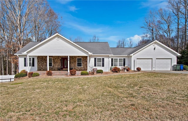 ranch-style house with a porch, a garage, stone siding, driveway, and a front lawn