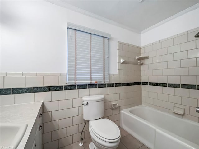 full bathroom featuring washtub / shower combination, toilet, and tile walls