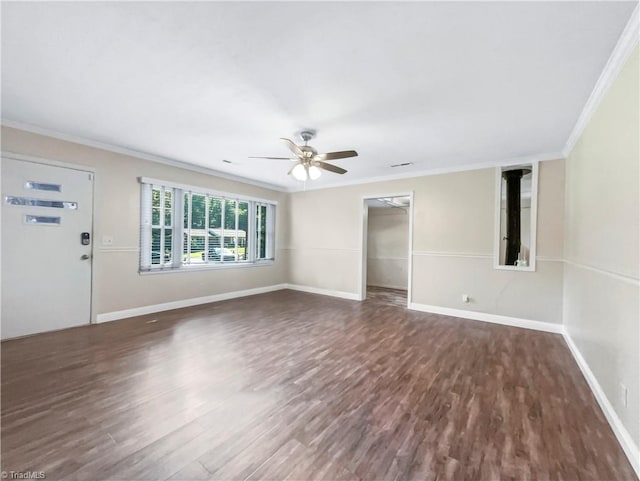 unfurnished room with dark wood-type flooring, ceiling fan, and ornamental molding