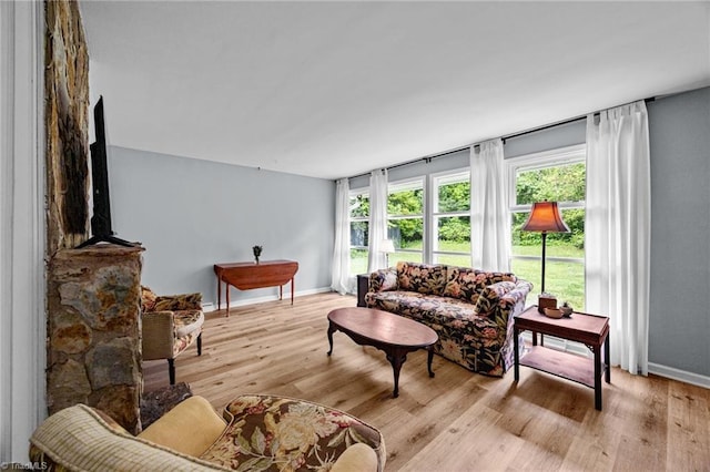 living area featuring wood finished floors, plenty of natural light, and baseboards