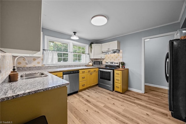 kitchen with appliances with stainless steel finishes, under cabinet range hood, a sink, light wood-style flooring, and backsplash