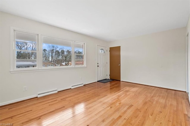 unfurnished room featuring light hardwood / wood-style floors and a baseboard radiator