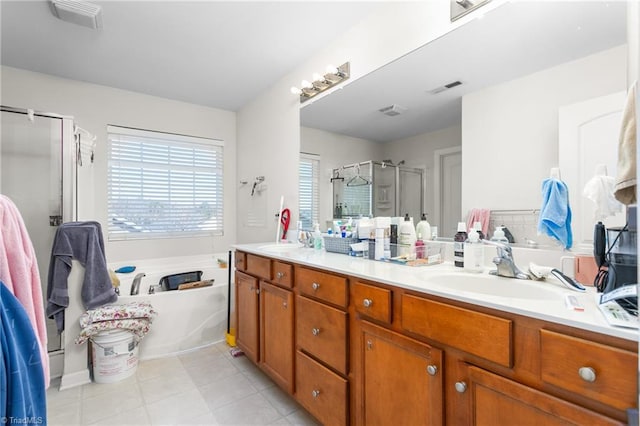 bathroom featuring plus walk in shower and vanity