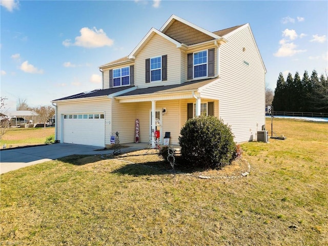 view of front of home featuring cooling unit, a garage, a front lawn, and covered porch