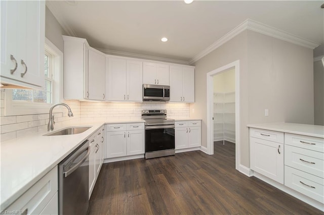 kitchen with appliances with stainless steel finishes, dark hardwood / wood-style floors, sink, white cabinets, and ornamental molding