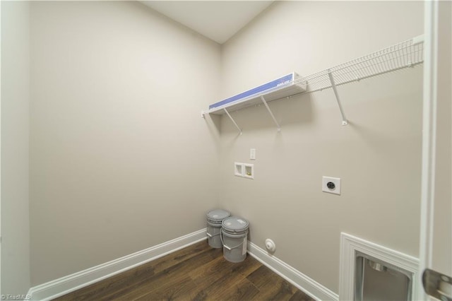 clothes washing area with gas dryer hookup, hookup for a washing machine, dark wood-type flooring, and hookup for an electric dryer