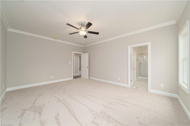 carpeted empty room with crown molding and ceiling fan