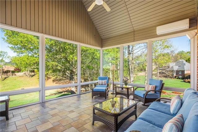 sunroom / solarium featuring outdoor lounge area, ceiling fan, and a wall mounted air conditioner