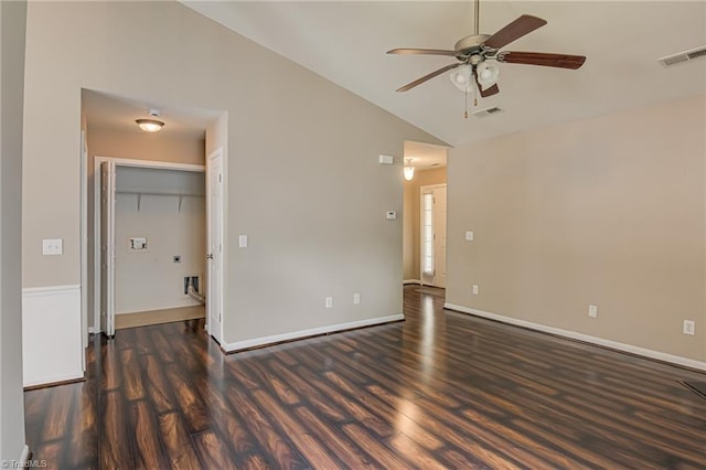 interior space with a ceiling fan, visible vents, wood finished floors, and vaulted ceiling