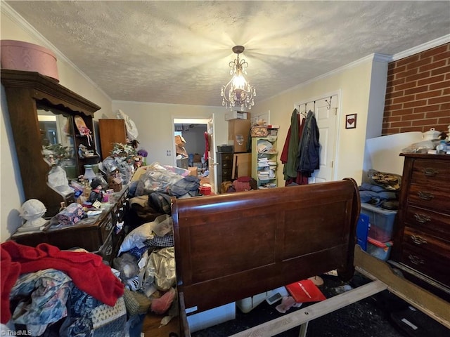 bedroom with a textured ceiling, a closet, and crown molding