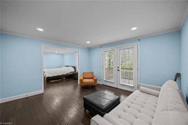living area with ornamental molding, french doors, baseboards, and recessed lighting