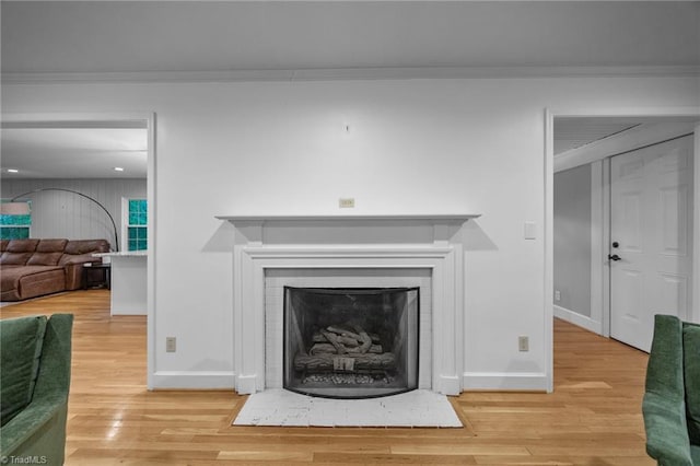details featuring baseboards, wood finished floors, and a fireplace with flush hearth
