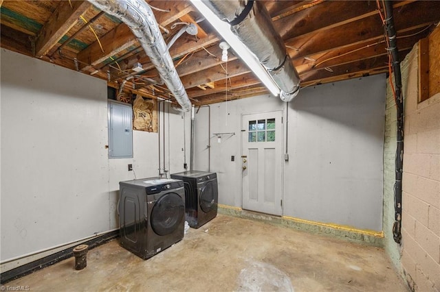 below grade area with electric panel and washer and clothes dryer