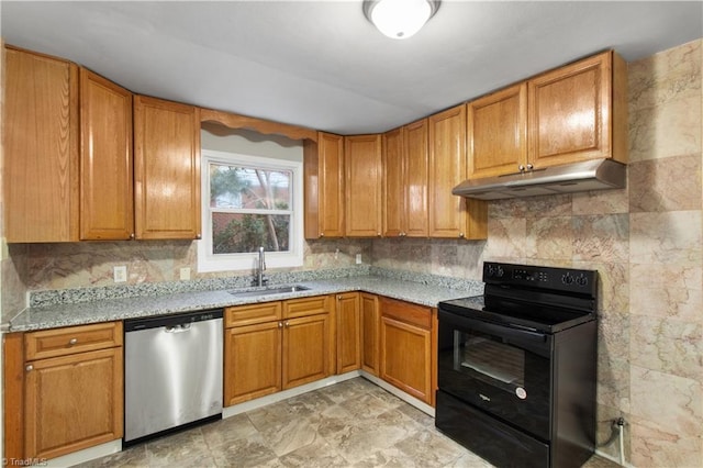 kitchen with tasteful backsplash, dishwasher, sink, light stone counters, and black / electric stove