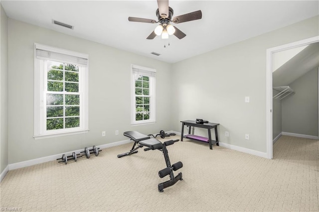 1018 Riverbend Dr, Advance, NC 27006 - workout room with carpet and a ceiling fan