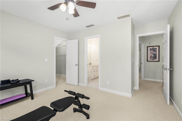 1018 Riverbend Dr, Advance, NC 27006 - workout area featuring ceiling fan and carpet