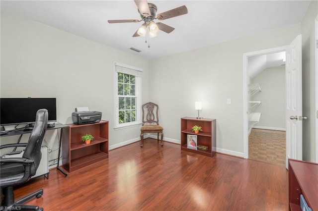 1018 Riverbend Dr, Advance, NC 27006 - home office featuring a ceiling fan and wood finished floors