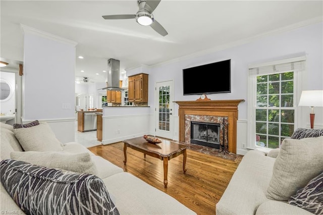 1018 Riverbend Dr, Advance, NC 27006 - living room featuring light wood-style floors, ornamental molding, a ceiling fan, a high end fireplace, and wainscoting