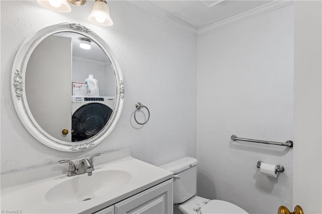 half bathroom with toilet, vanity, and ornamental molding