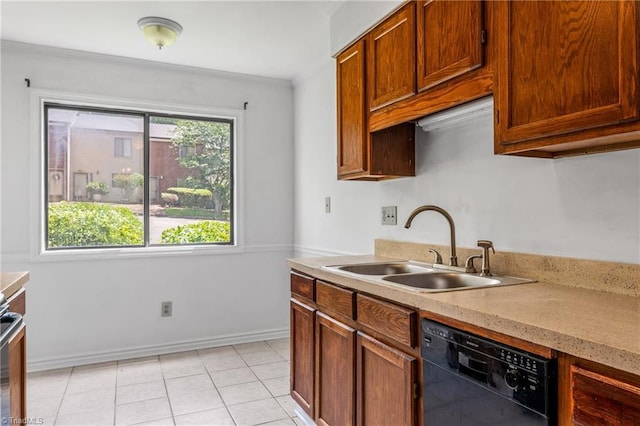 kitchen featuring dishwasher, a sink, light countertops, crown molding, and light tile patterned floors