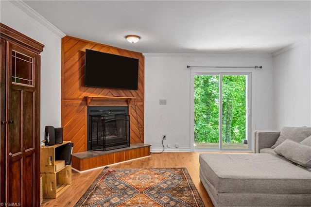 living area with wood finished floors, a fireplace, ornamental molding, and baseboards