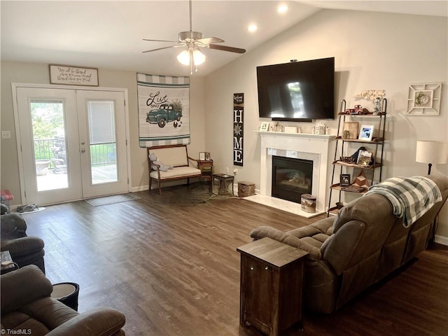 940 Huntington Run Ln, Kernersville, NC 27284 - living area with french doors, wood finished floors, ceiling fan, lofted ceiling, and a high end fireplace