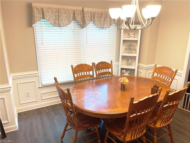 940 Huntington Run Ln, Kernersville, NC 27284 - dining room featuring a chandelier, a wainscoted wall, dark wood finished floors, and a decorative wall